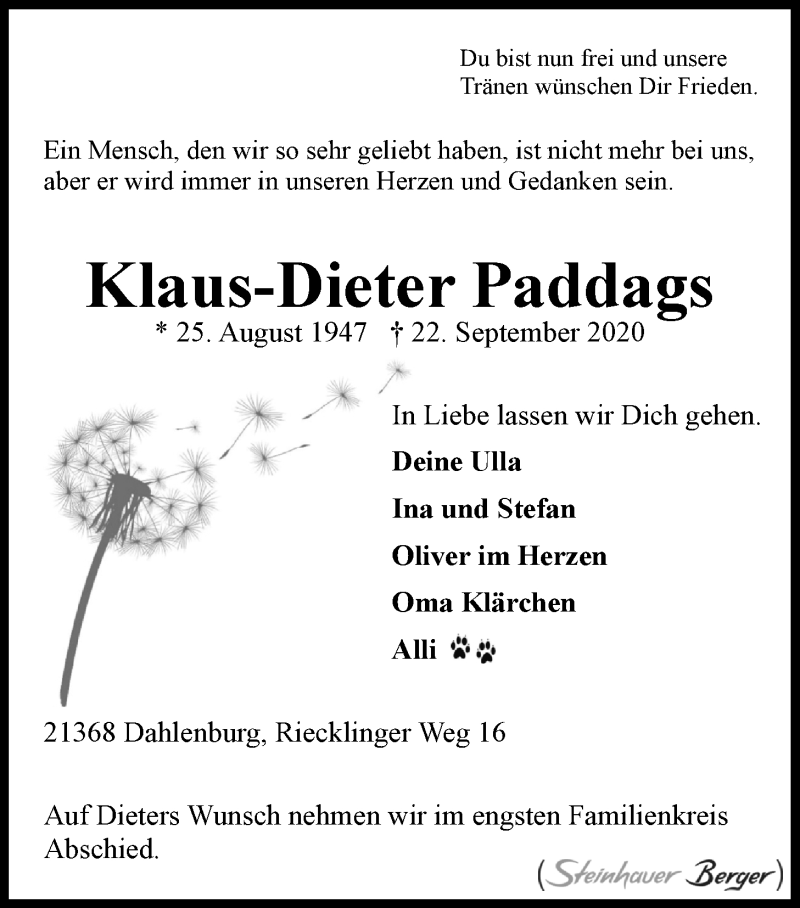  Traueranzeige für Klaus-Dieter Paddags vom 25.09.2020 aus LZ