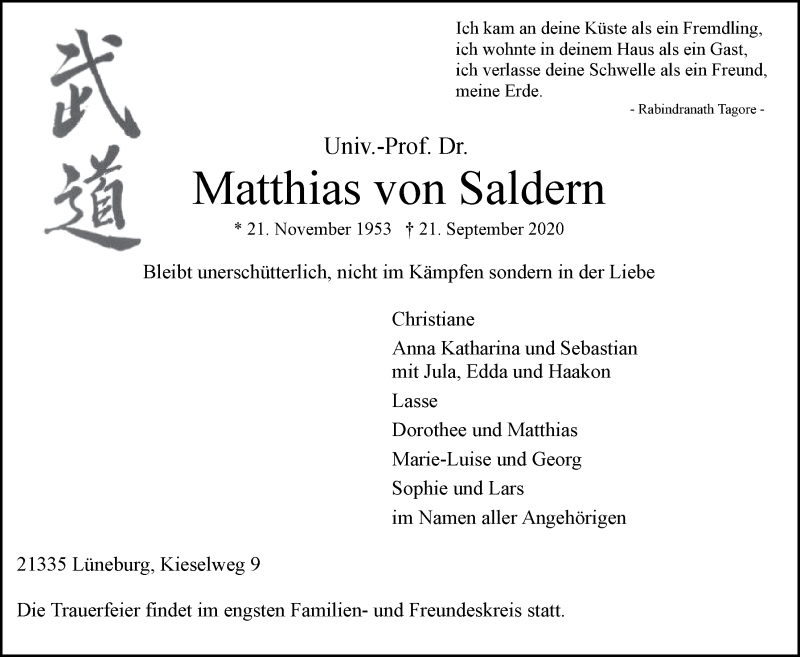  Traueranzeige für Matthias von Saldern vom 26.09.2020 aus LZ