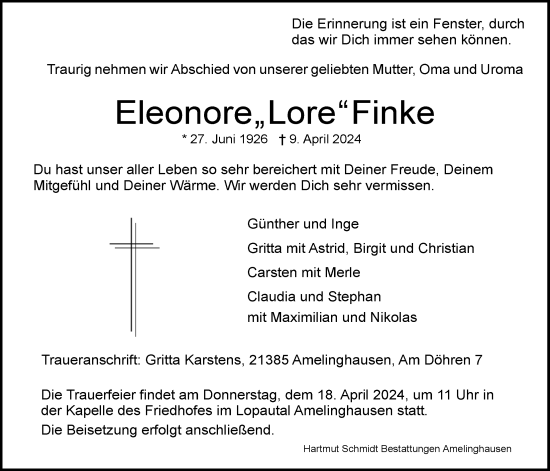 Anzeige von Eleonore Finke von LZ
