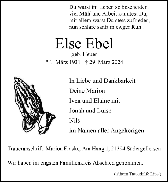 Anzeige von Else Ebel von LZ
