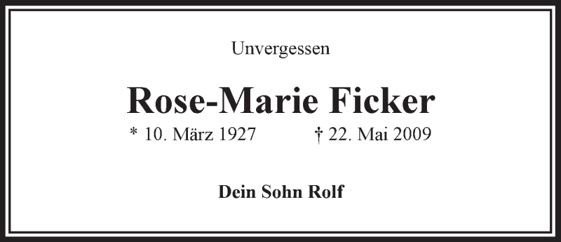  Traueranzeige für Rose-Marie Ficker vom 22.05.2014 aus LZ