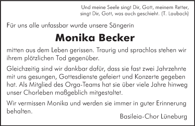  Traueranzeige für Monika Becker vom 20.09.2014 aus LZ