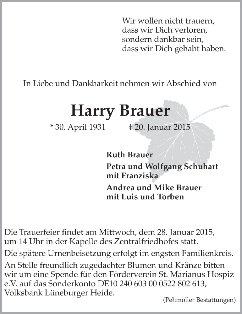  Traueranzeige für Harry Brauer vom 24.01.2015 aus LZ
