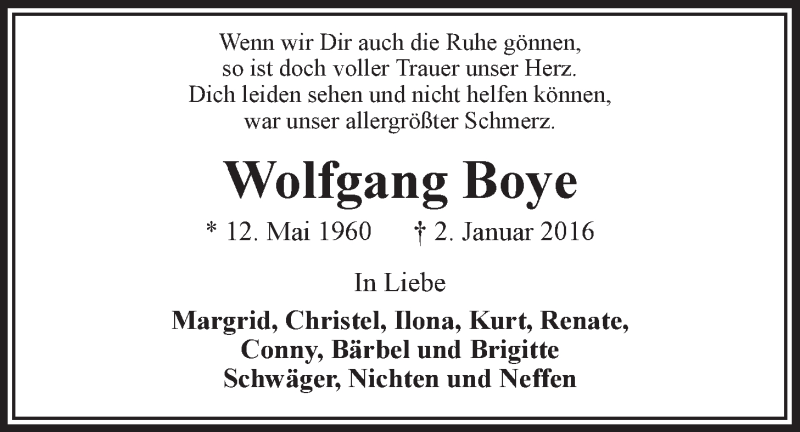  Traueranzeige für Wolfgang Boye vom 05.01.2016 aus LZ