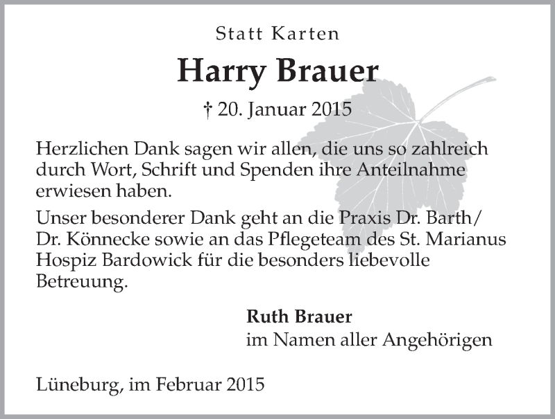  Traueranzeige für Harry Brauer vom 14.02.2015 aus LZ