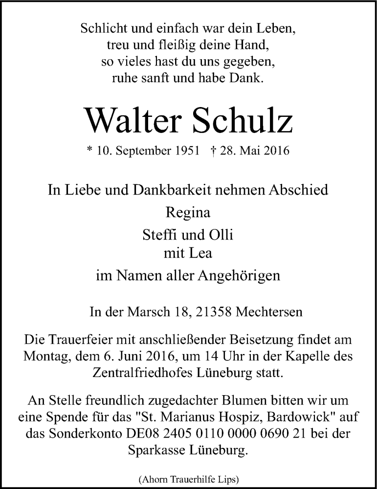  Traueranzeige für Walter Schulz vom 31.05.2016 aus LZ