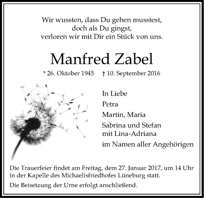  Traueranzeige für Manfred Zabel vom 21.01.2017 aus LZ