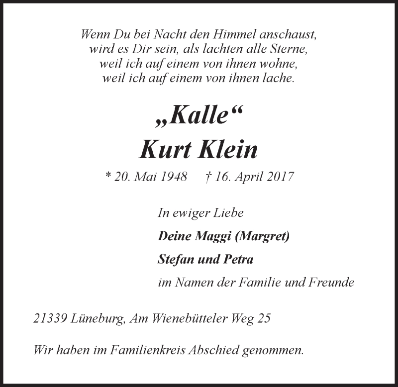  Traueranzeige für Kurt Klein vom 29.04.2017 aus LZ
