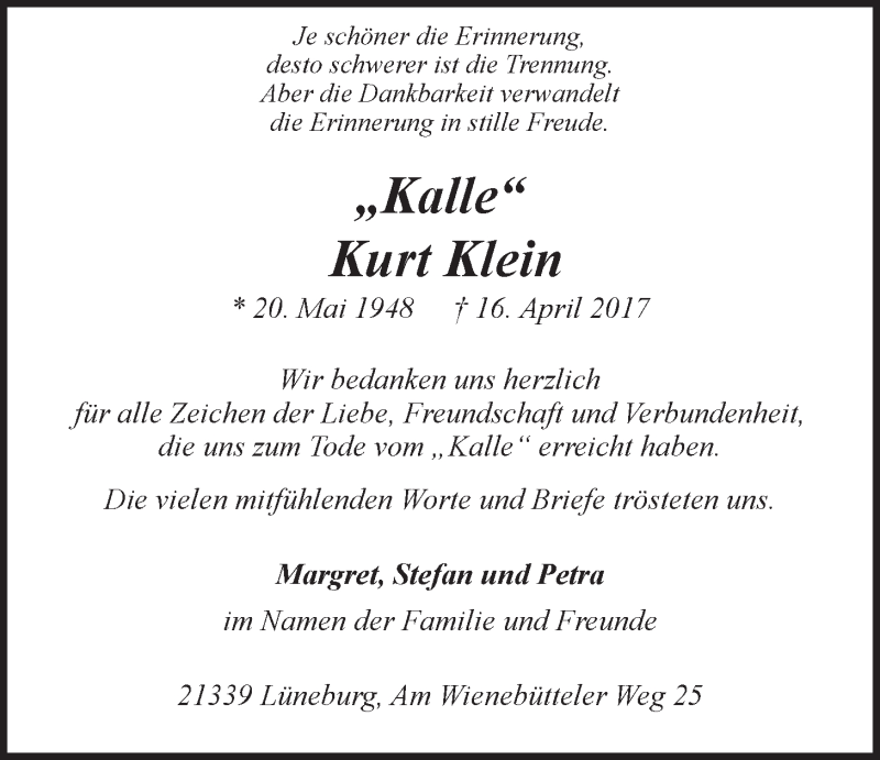  Traueranzeige für Kurt Klein vom 13.05.2017 aus LZ