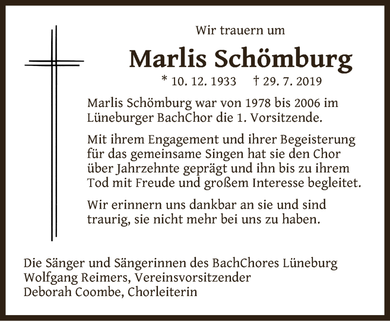  Traueranzeige für Marlis Schömburg vom 03.08.2019 aus LZ