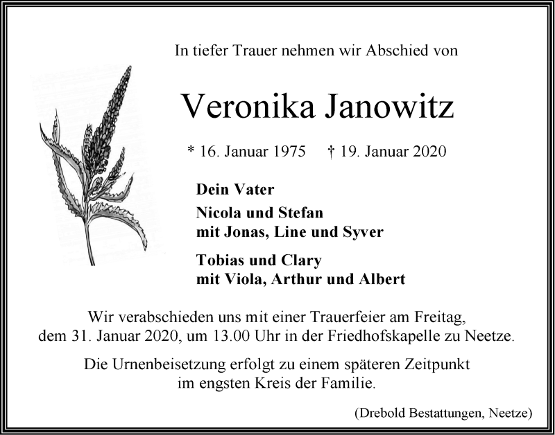 Traueranzeige für Veronika Janowitz vom 25.01.2020 aus LZ