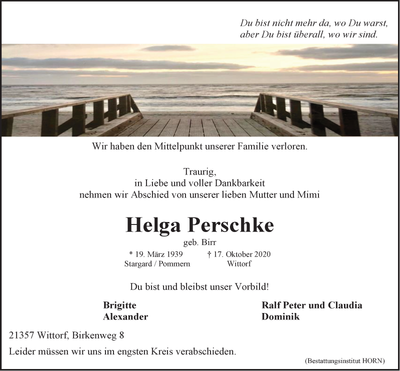  Traueranzeige für Helga Perschke vom 24.10.2020 aus LZ