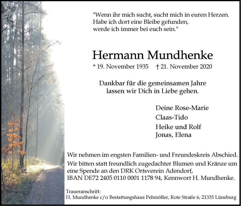  Traueranzeige für Hermann Mundhenke vom 28.11.2020 aus LZ