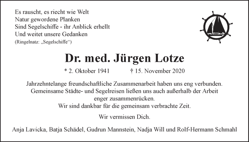  Traueranzeige für Jürgen Lotze vom 21.11.2020 aus LZ