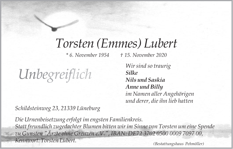  Traueranzeige für Torsten Lubert vom 21.11.2020 aus LZ