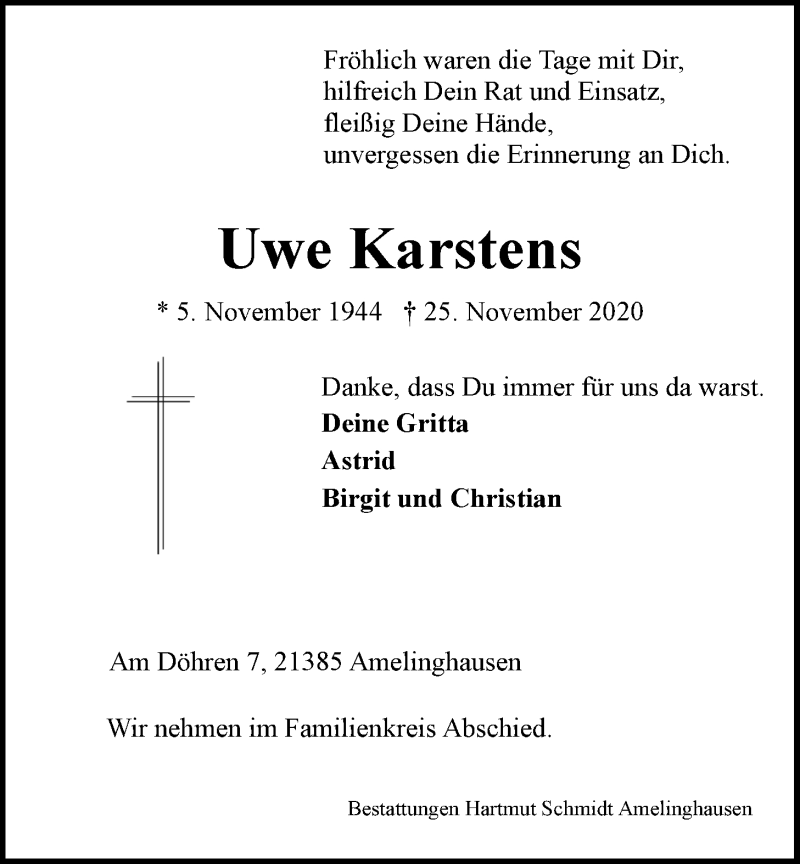  Traueranzeige für Uwe Karstens vom 28.11.2020 aus LZ