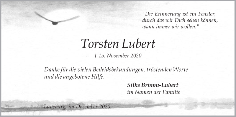  Traueranzeige für Torsten Lubert vom 05.12.2020 aus LZ