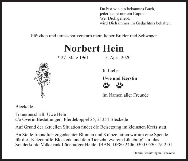 Traueranzeige für Norbert Hein vom 18.04.2020 aus LZ