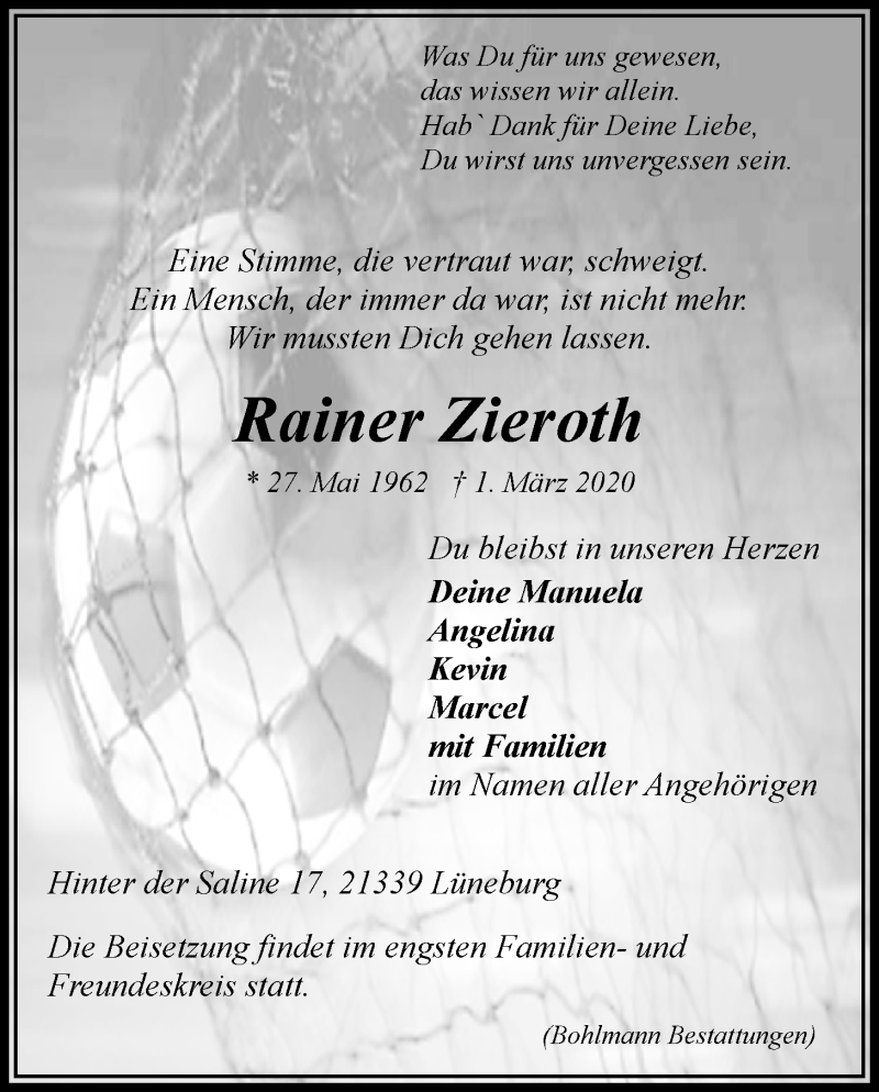  Traueranzeige für Rainer Zieroth vom 25.04.2020 aus LZ