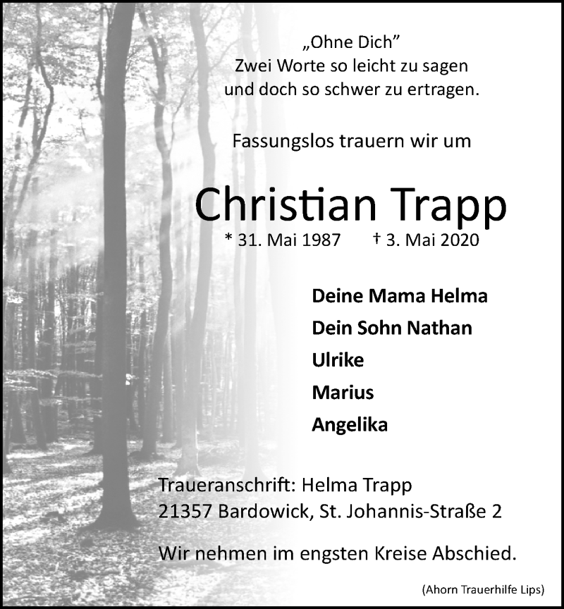  Traueranzeige für Christian Trapp vom 08.05.2020 aus LZ