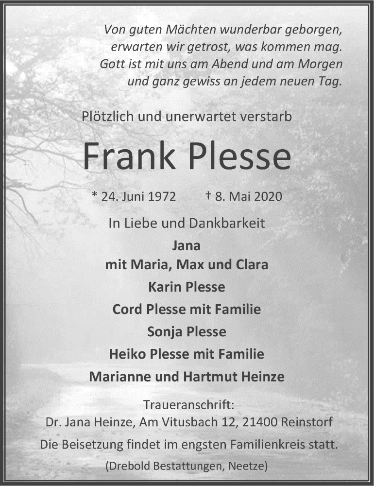  Traueranzeige für Frank Plesse vom 13.05.2020 aus LZ