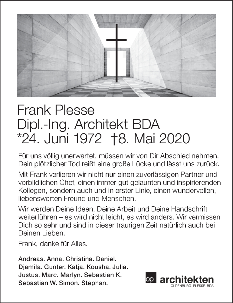  Traueranzeige für Frank Plesse vom 13.05.2020 aus LZ