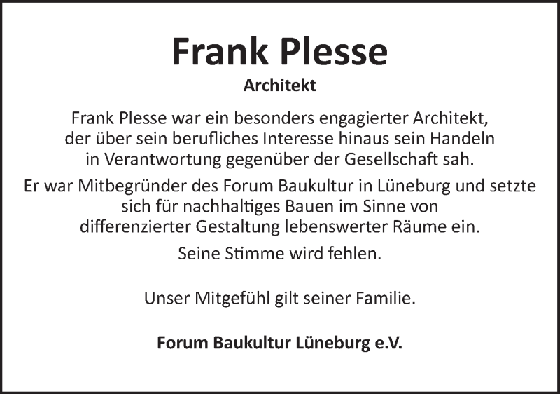  Traueranzeige für Frank Plesse vom 16.05.2020 aus LZ