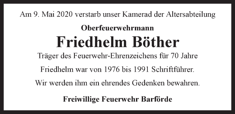  Traueranzeige für Friedhelm Böther vom 19.05.2020 aus LZ