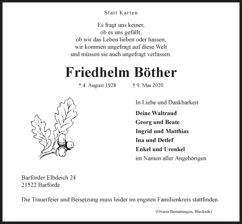 Traueranzeige für Friedhelm Böther vom 16.05.2020 aus LZ
