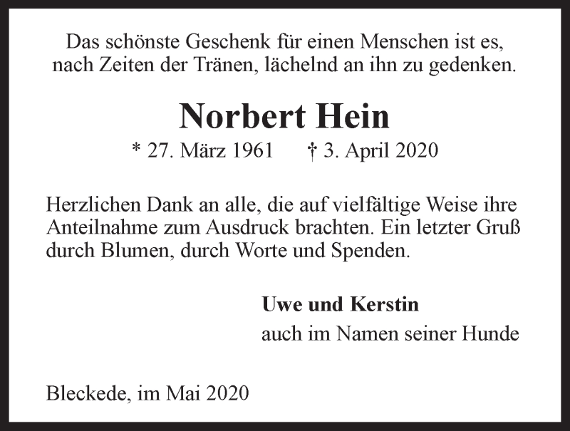  Traueranzeige für Norbert Hein vom 09.05.2020 aus LZ
