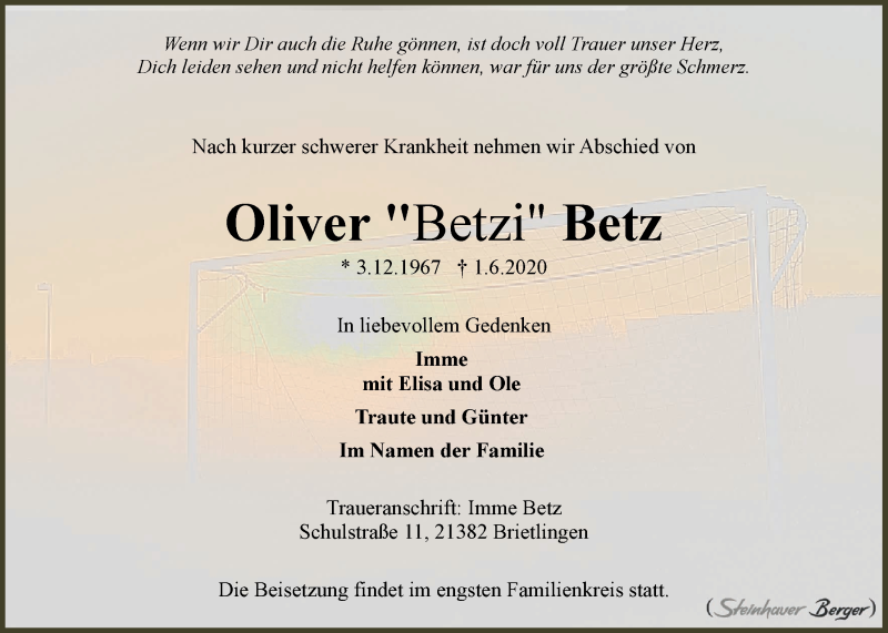  Traueranzeige für Oliver Betz vom 06.06.2020 aus LZ