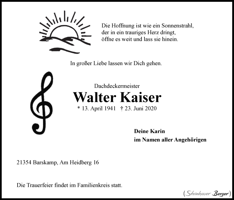  Traueranzeige für Walter Kaiser vom 27.06.2020 aus LZ