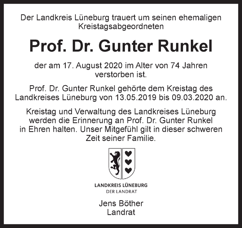  Traueranzeige für Gunter Runkel vom 28.08.2020 aus LZ