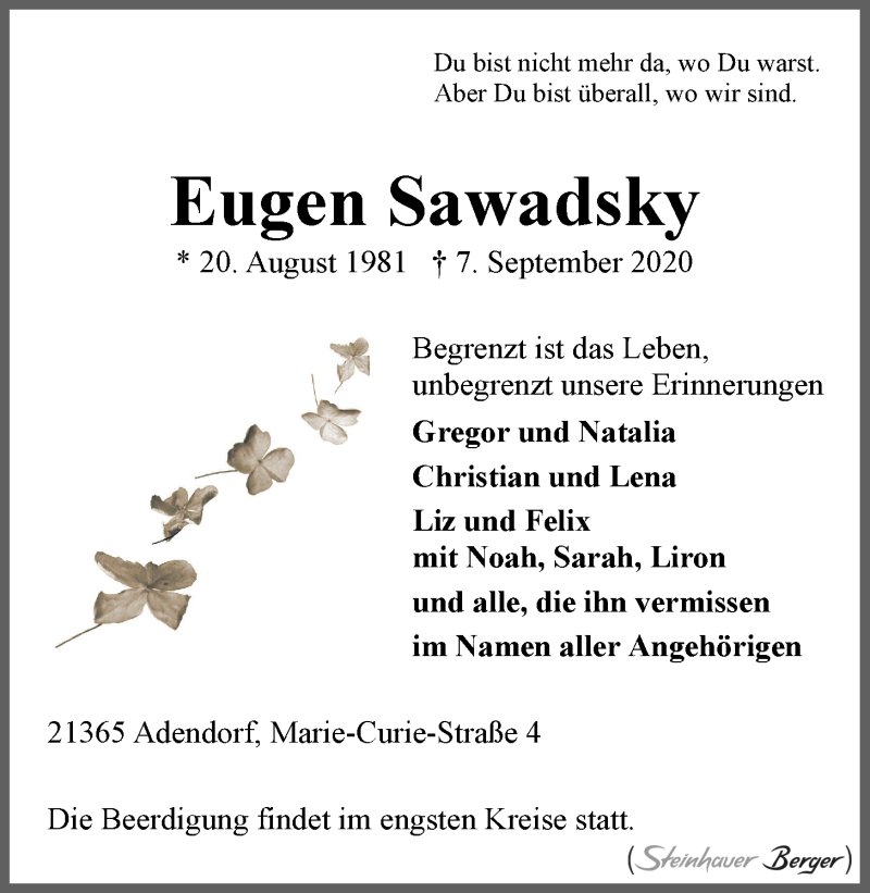 Traueranzeige für Eugen Sawadsky vom 10.09.2020 aus LZ