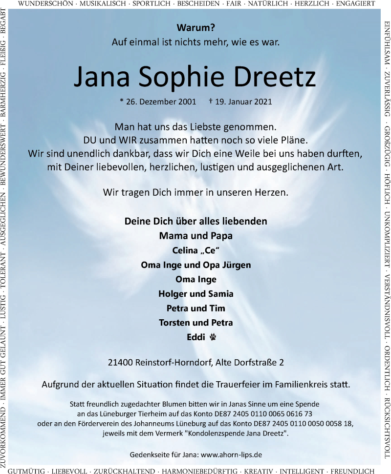  Traueranzeige für Jana Sophie Dreetz vom 23.01.2021 aus LZ