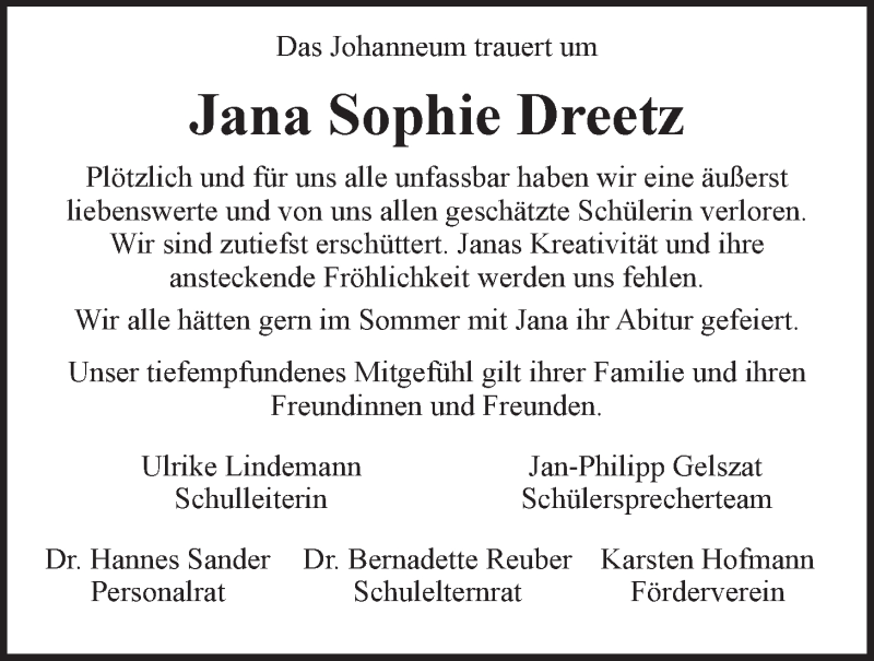  Traueranzeige für Jana Sophie Dreetz vom 23.01.2021 aus LZ