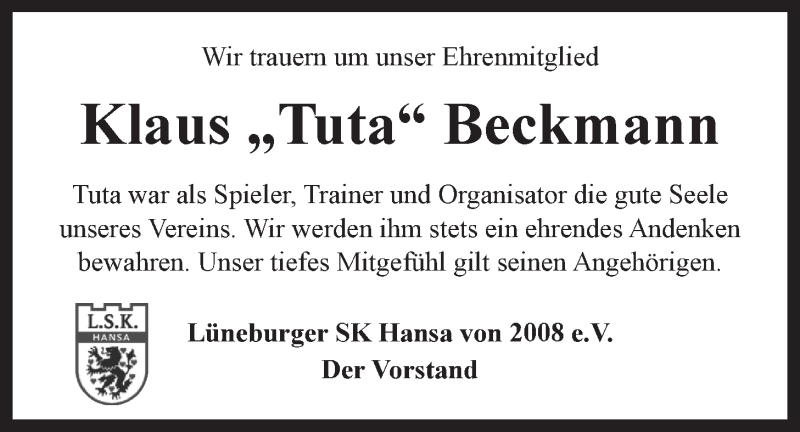 Traueranzeige für Klaus  Beckmann vom 09.01.2021 aus LZ