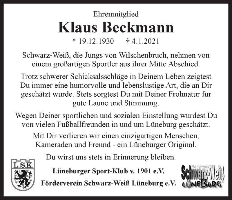  Traueranzeige für Klaus  Beckmann vom 09.01.2021 aus LZ