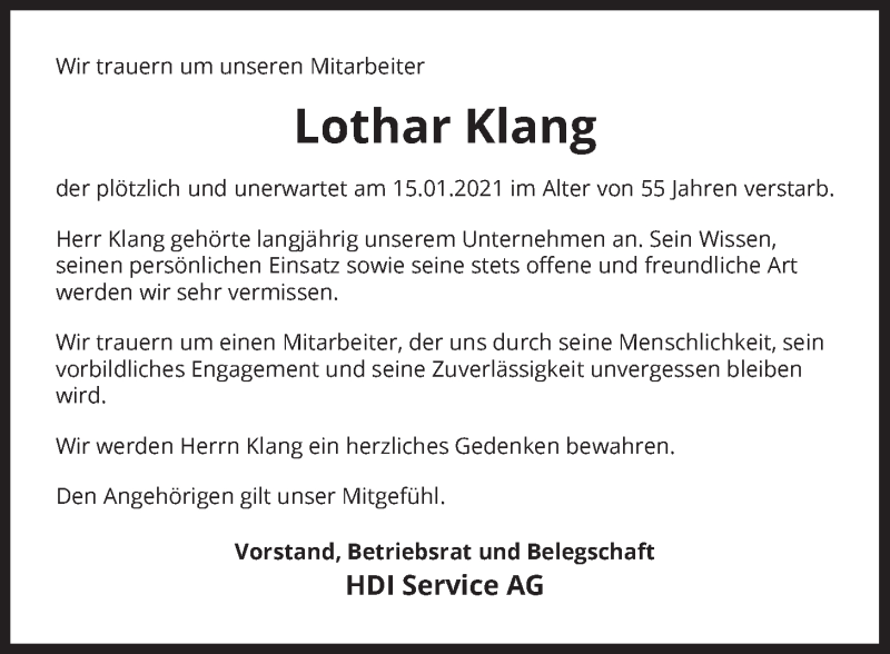  Traueranzeige für Lothar Klang vom 23.01.2021 aus LZ