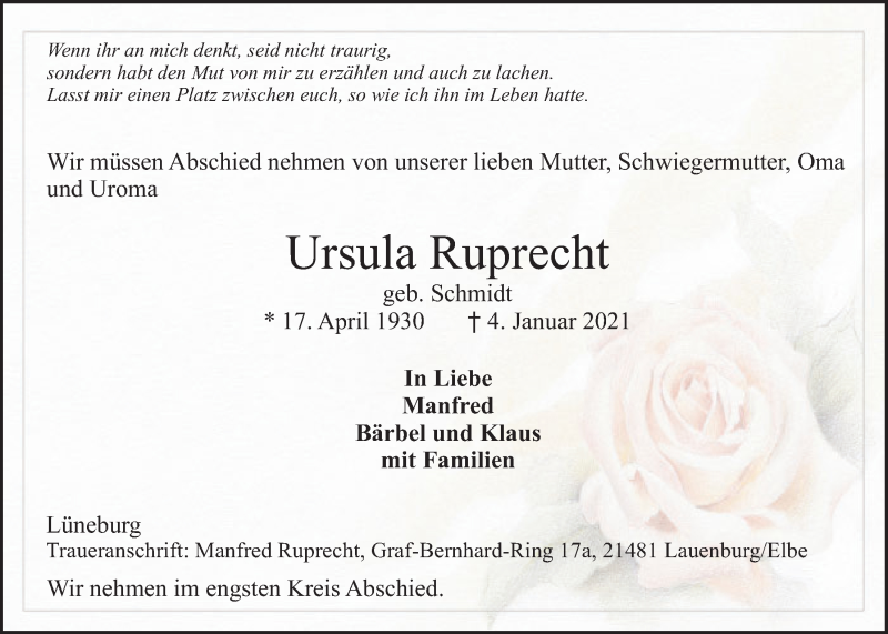  Traueranzeige für Ursula Ruprecht vom 09.01.2021 aus LZ