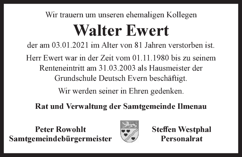  Traueranzeige für Walter Ewert vom 14.01.2021 aus LZ