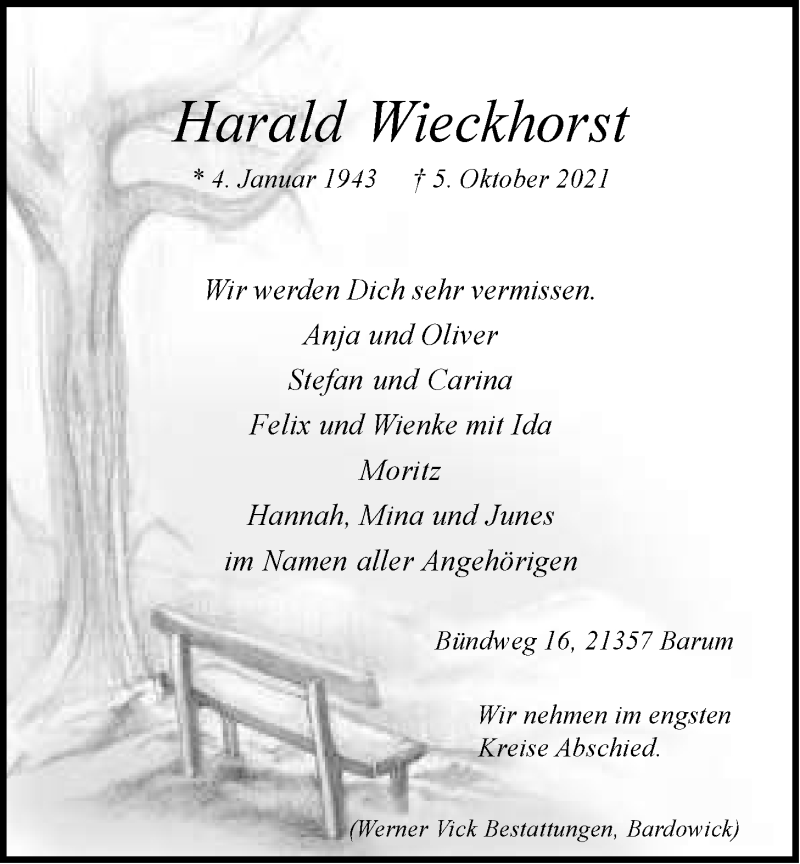  Traueranzeige für Harald Wieckhorst vom 09.10.2021 aus LZ