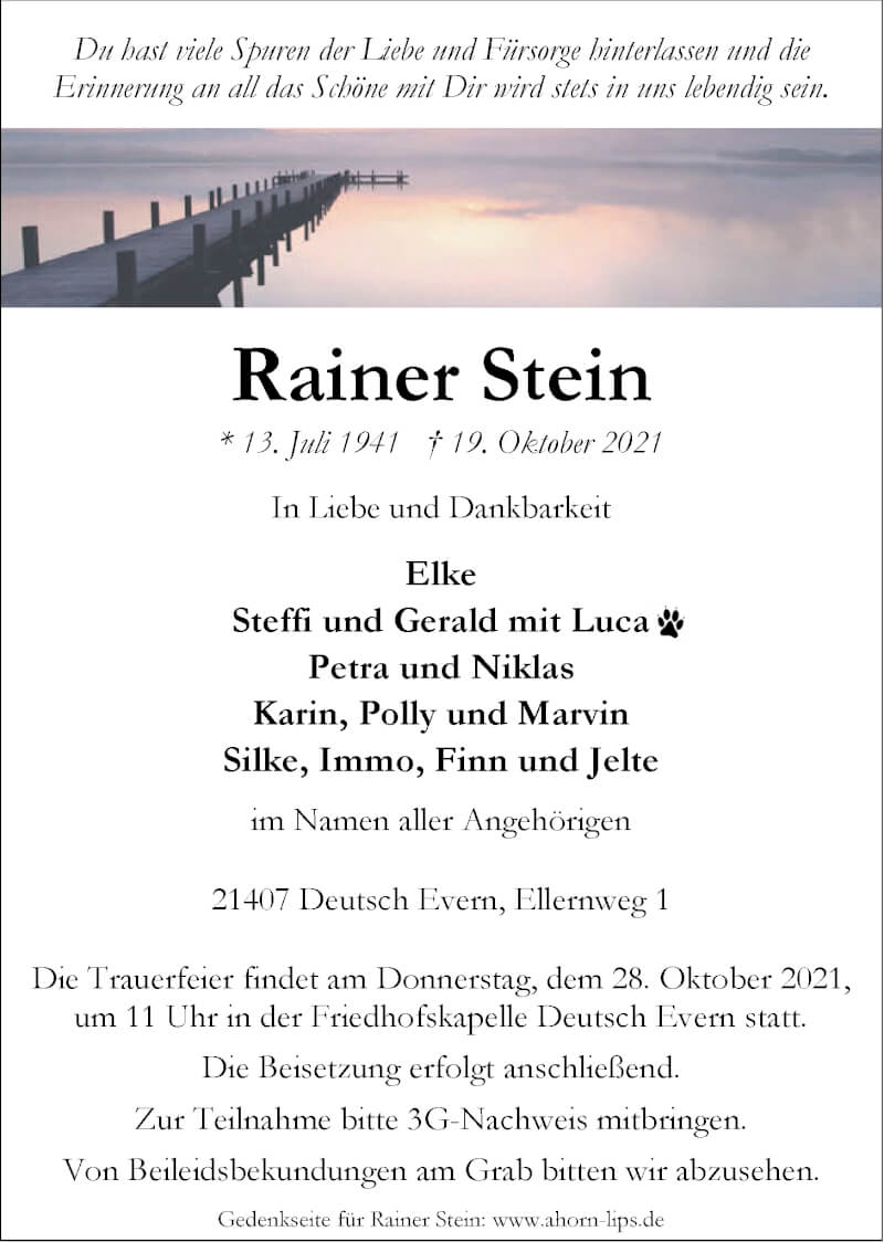  Traueranzeige für Rainer Stein vom 23.10.2021 aus LZ