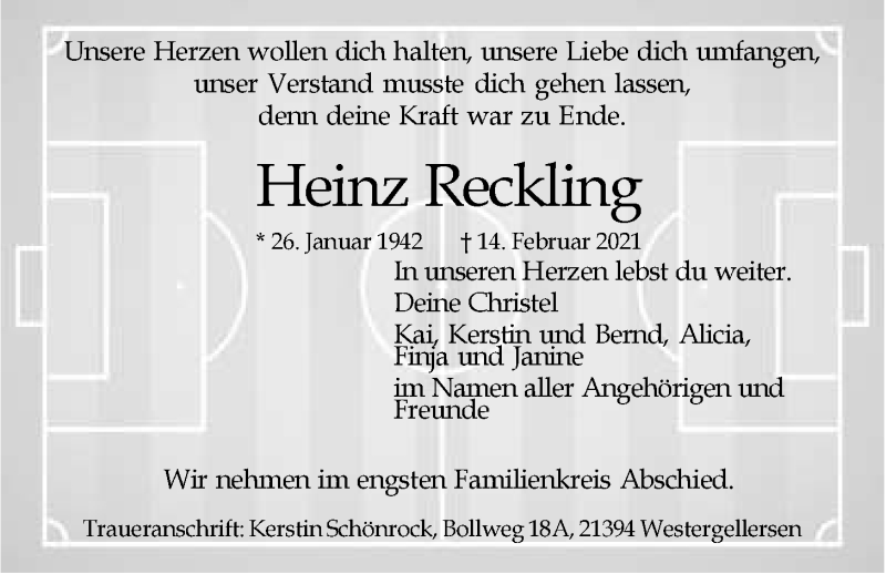  Traueranzeige für Heinz Reckling vom 20.02.2021 aus LZ
