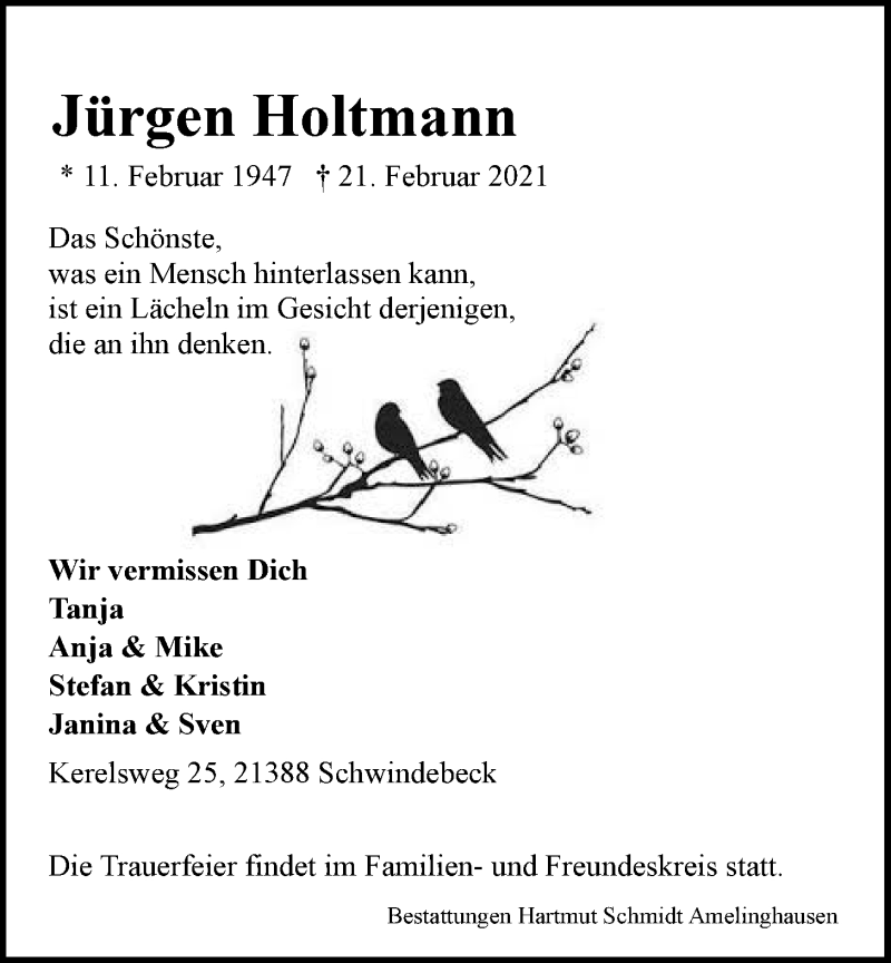  Traueranzeige für Jürgen Holtmann vom 27.02.2021 aus LZ