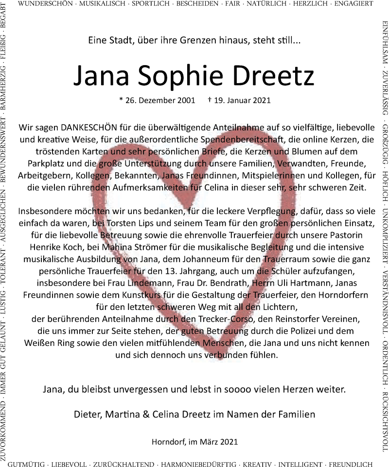  Traueranzeige für Jana Sophie Dreetz vom 06.03.2021 aus LZ