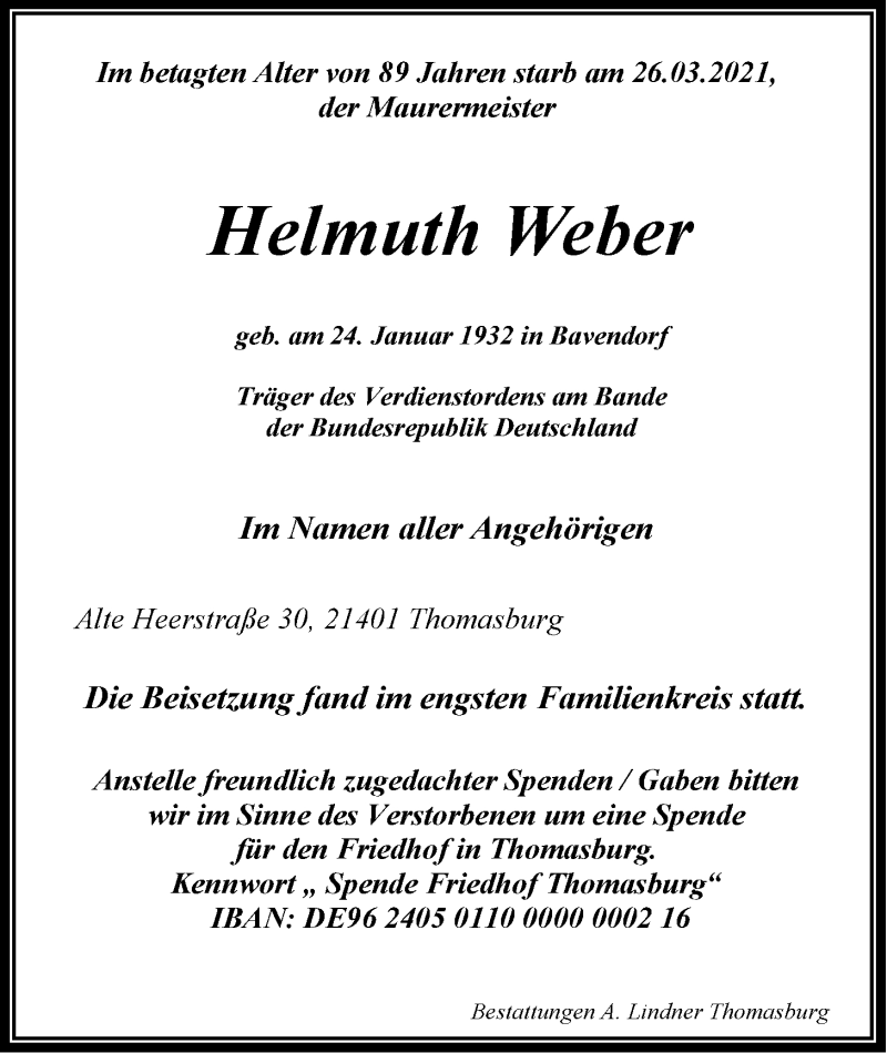  Traueranzeige für Helmuth Weber vom 03.04.2021 aus LZ