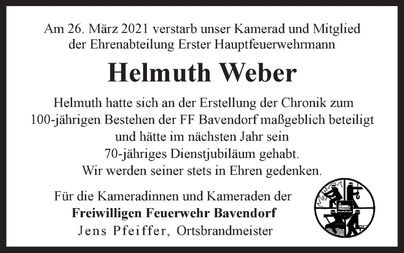  Traueranzeige für Helmuth Weber vom 03.04.2021 aus LZ