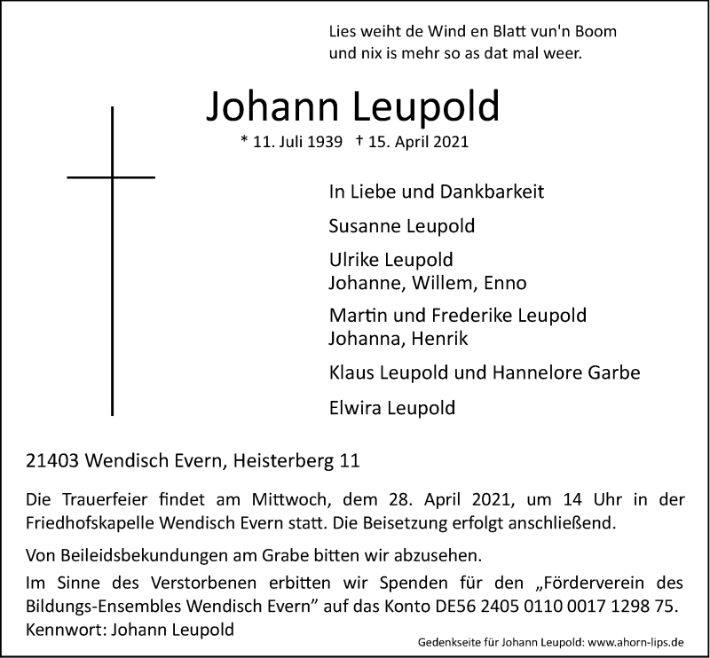  Traueranzeige für Johann Leupold vom 23.04.2021 aus LZ