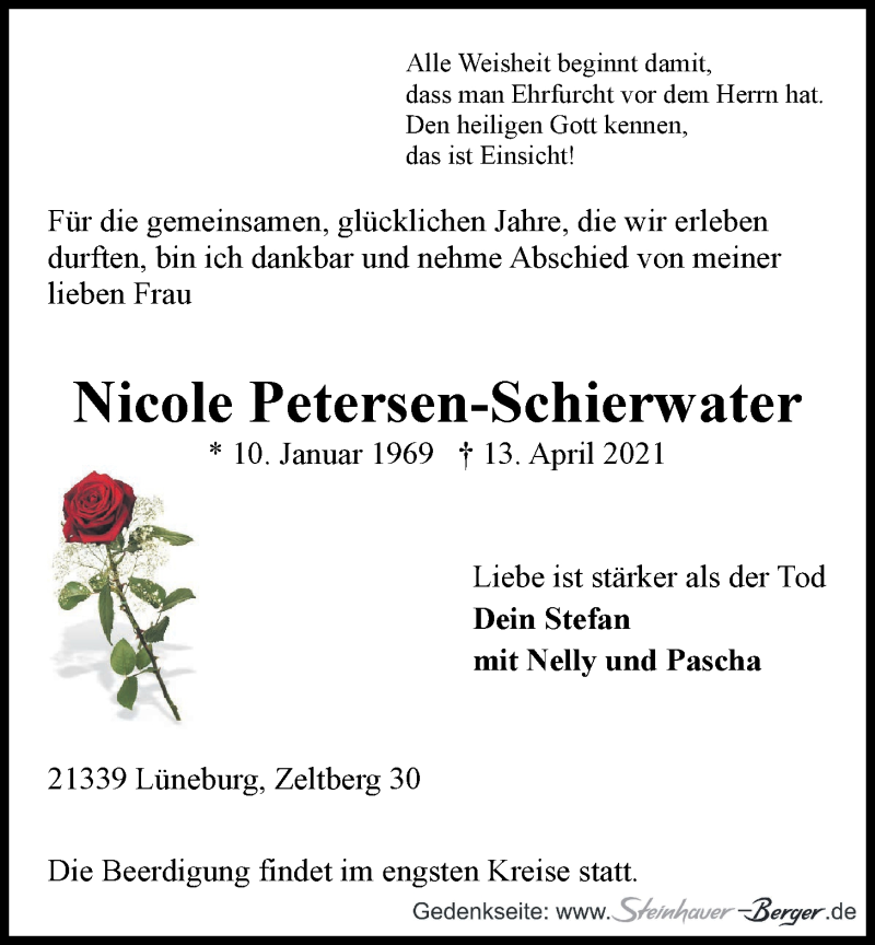  Traueranzeige für Nicole Petersen-Schierwater vom 17.04.2021 aus LZ